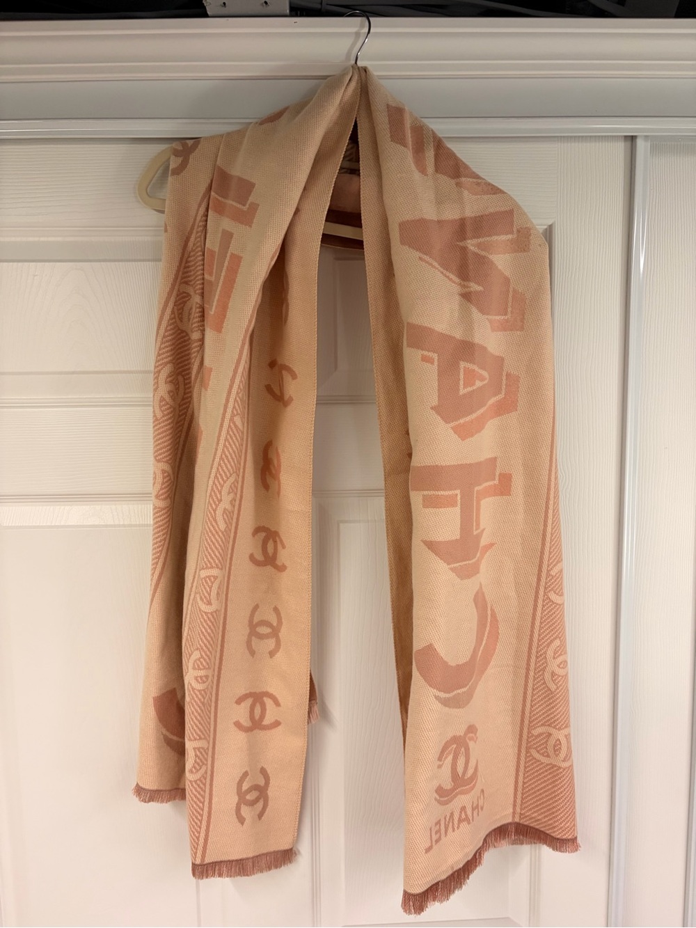 Faux designer Beige & Blush Logo Jacquard Wrap Scarf